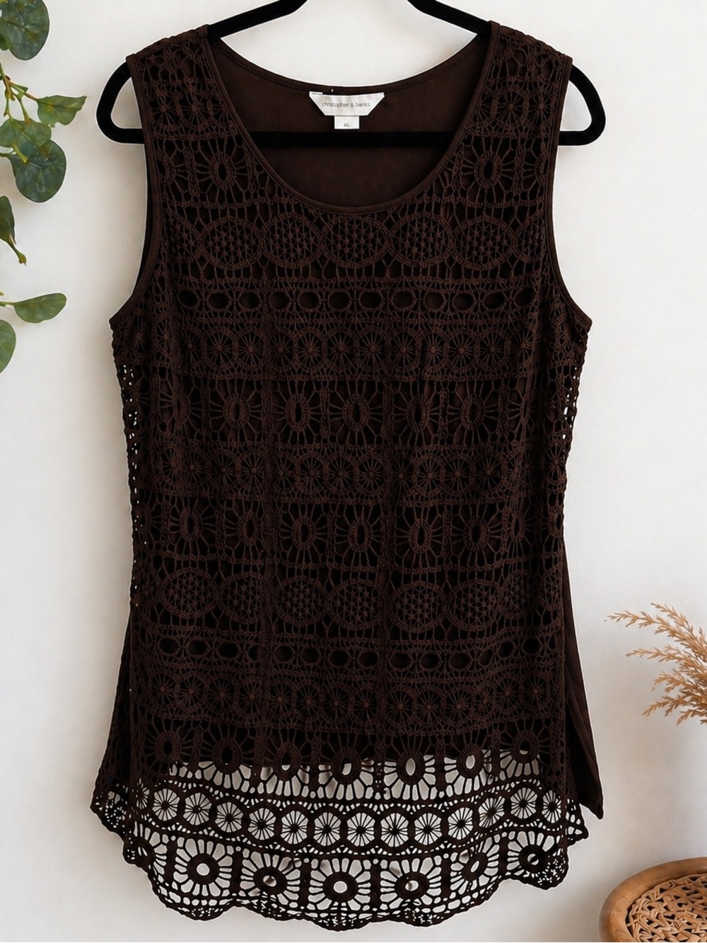 Christopher & Banks Brown Crochet Lace Tank Top XL Boho Hi Low Hem Cotton Rayon